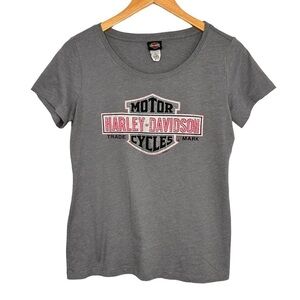 Harley Davidson Women Short Sleeve T Shirt Sz Medium Gray Bling Rhinestones Logo